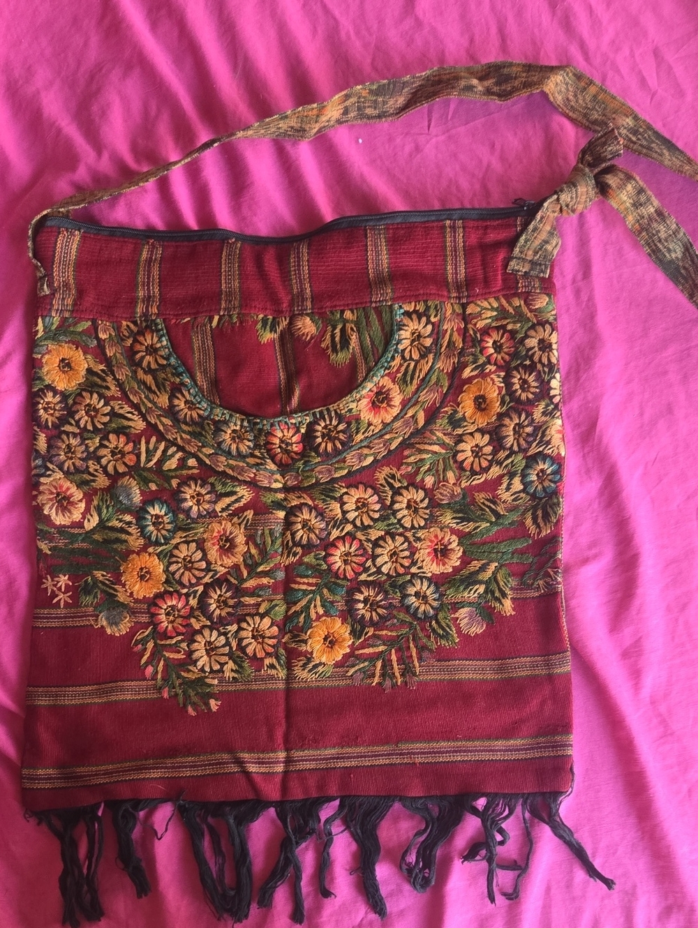 Embroidered Floral Boho Shoulder Bag in Deep Red